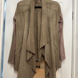Blank NYC Dark Tan Open-Front Jacket with Contrast Sleeves and button closure